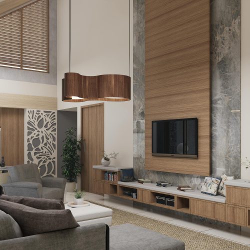 A stylish living room featuring modern and minimalist interior design elements with wooden finishes.